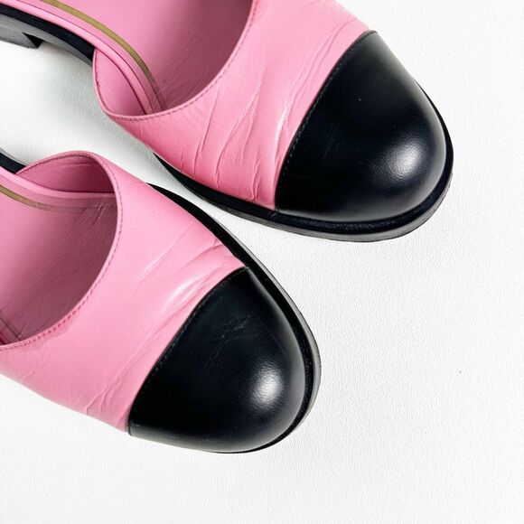 CHANEL 2023 Pink Black Mary Jane Leather CC Logo Flats Size 38 Cap Toe D’Orsay - Picture 6 of 14